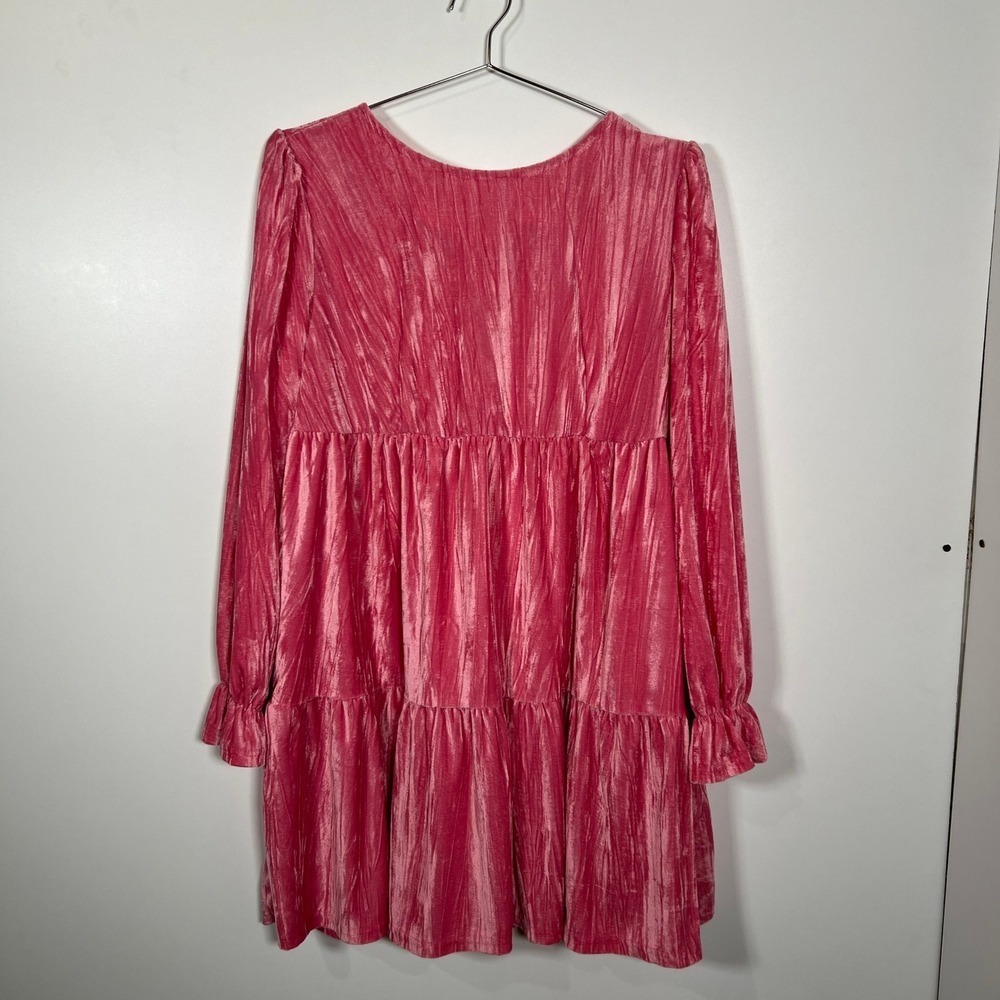 Coquette Pink Crushed‎ Velvet Bow Sash Babydoll Mini Dress XL Long Sleeve - Picture 3 of 6
